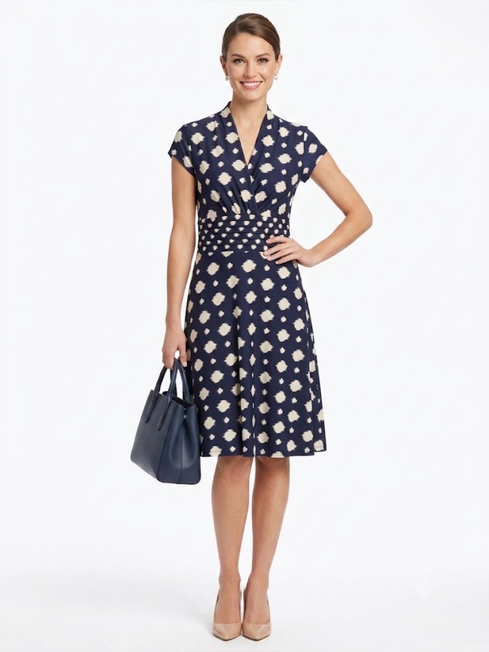 ILE New York Navy White Abstract Print Faux Wrap Dress Size 8